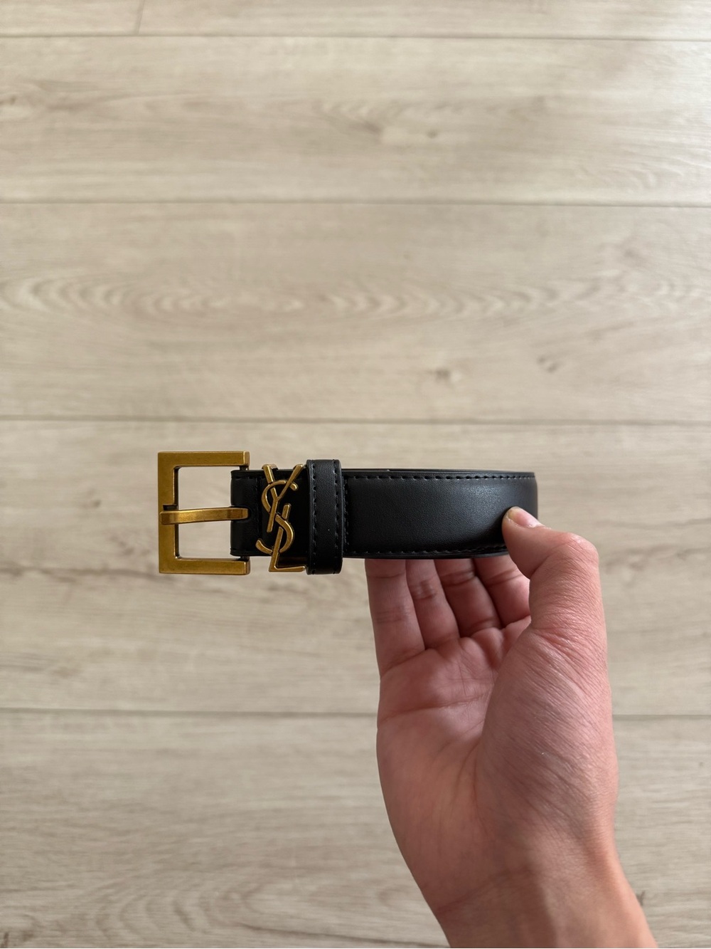 Saint Laurent Black Leather Belt with Signature Gold YSL Accent